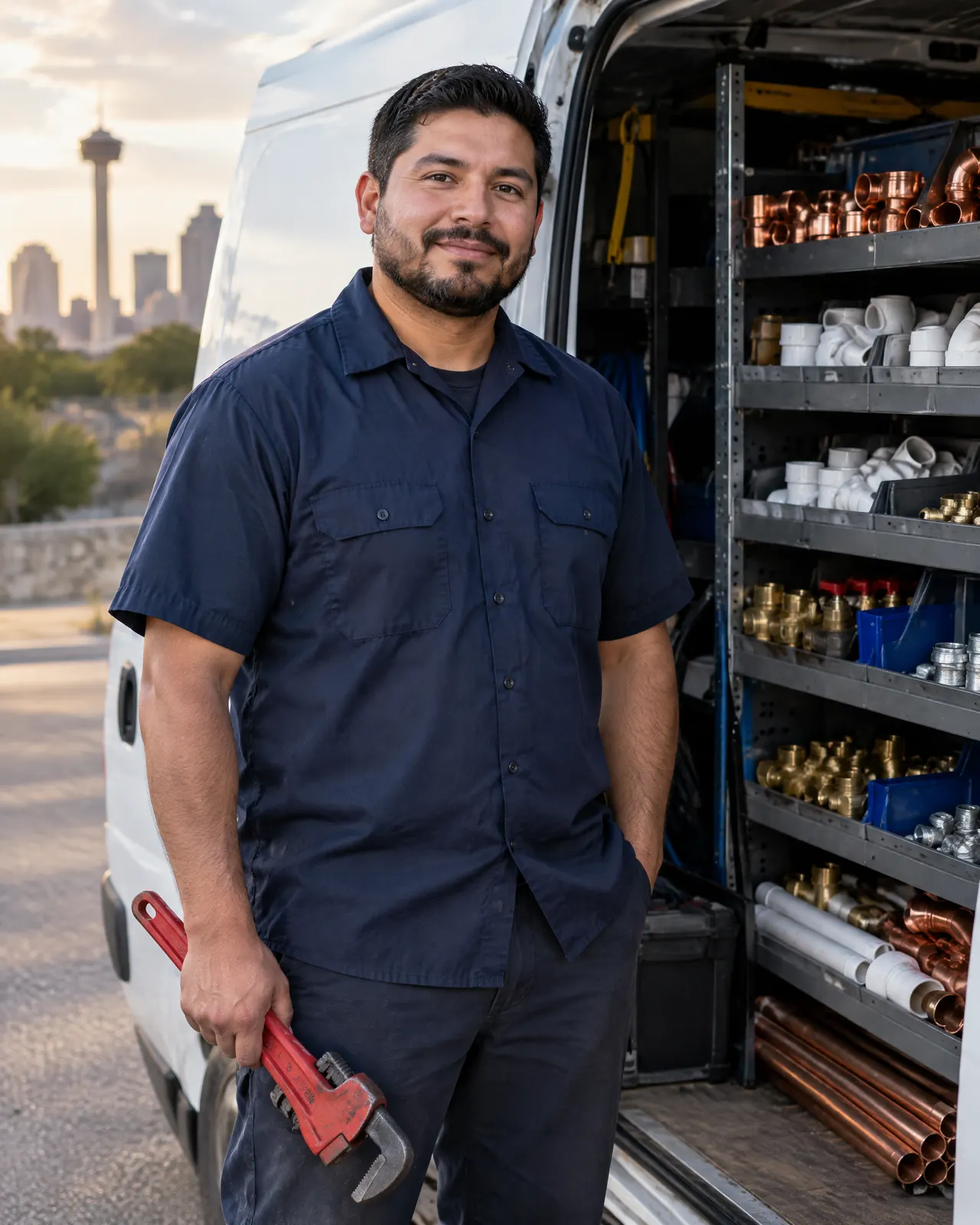 Danny Castillo, lead plumber, holding a pipe wrench beside the open side door of a service van