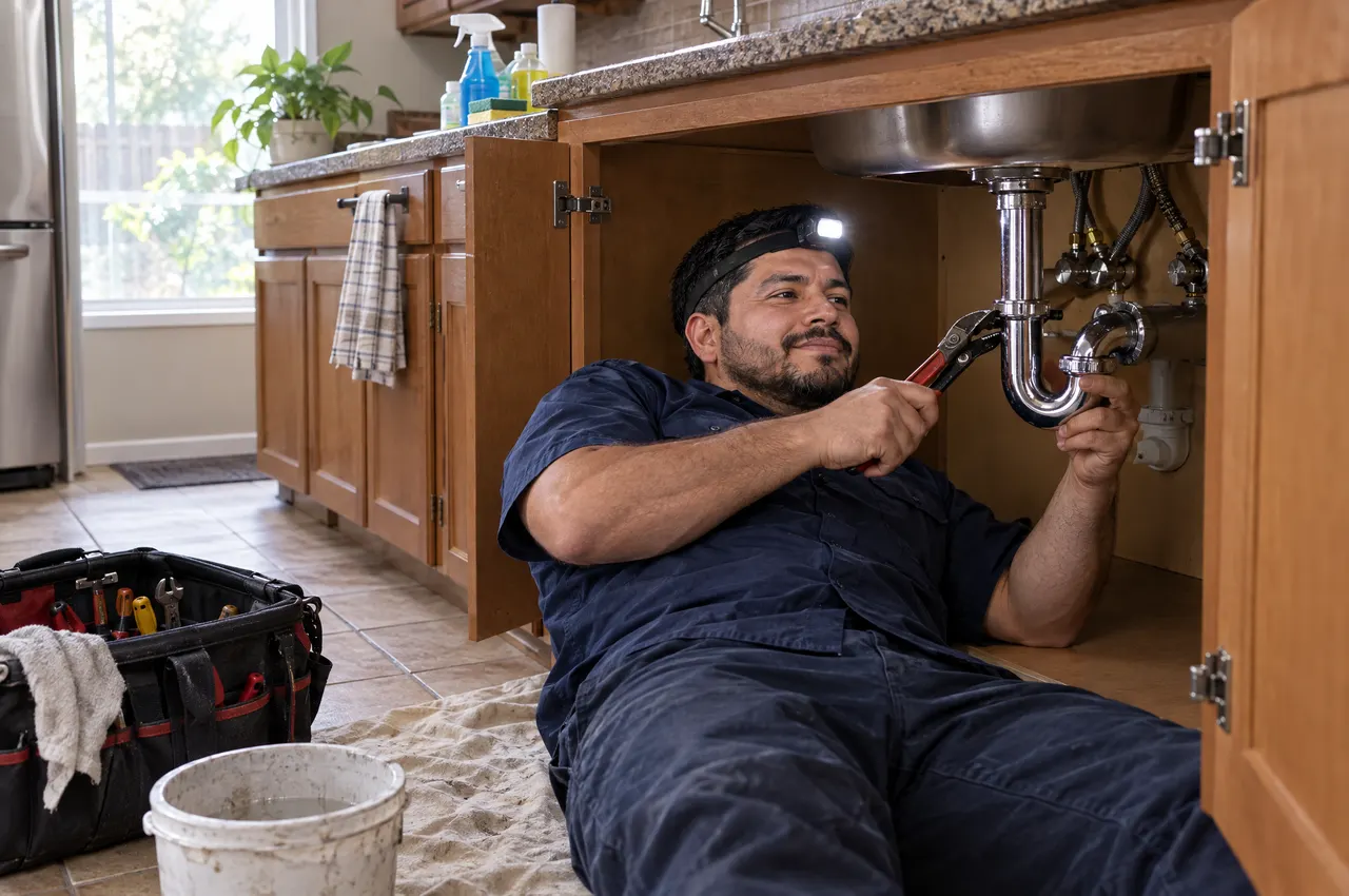 Danny Castillo on his back under a kitchen sink, headlamp on, tightening a new chrome trap