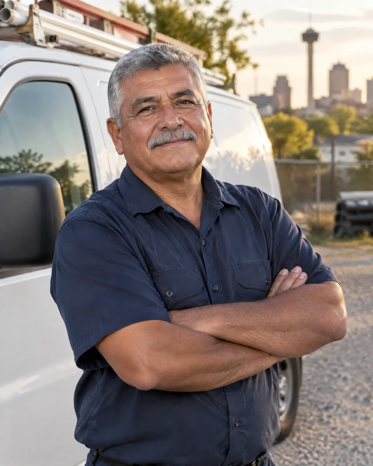 Hector Treviño, founder of Olmos Creek Plumbing, arms crossed in front of a white service van in the company yard