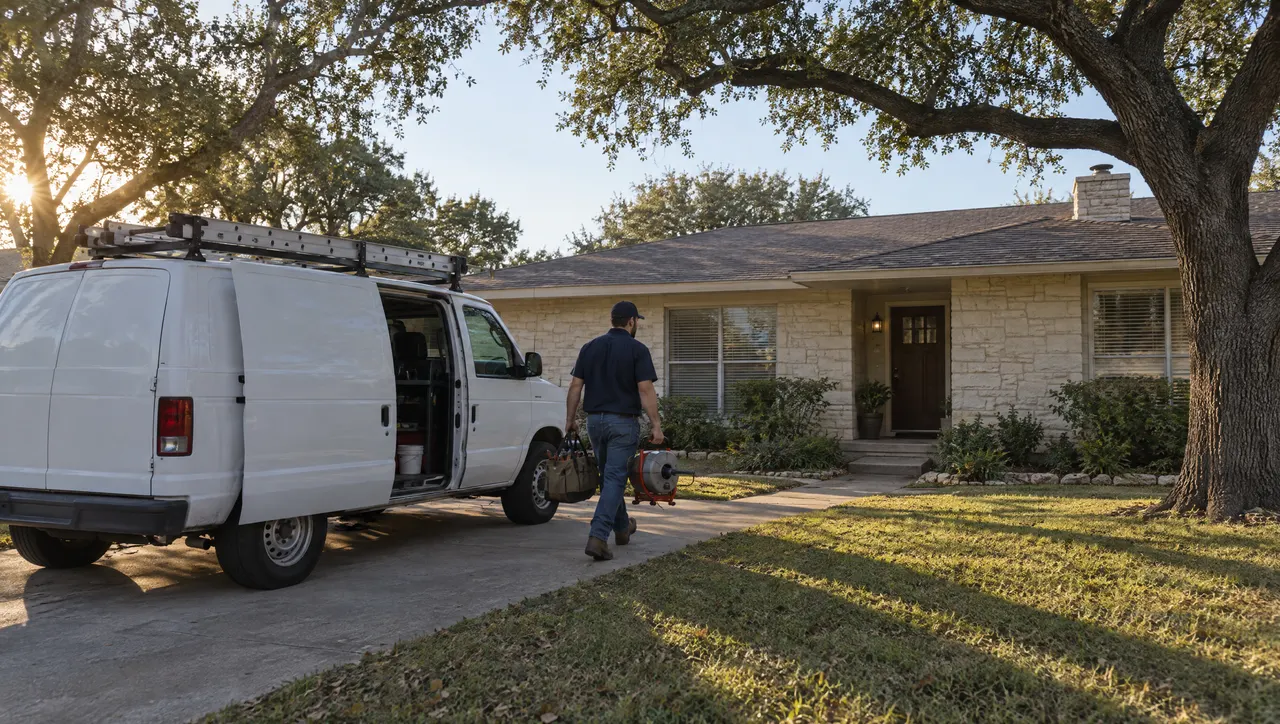 Plumber walking from his van to the front door of a limestone ranch house under live oaks, early morning