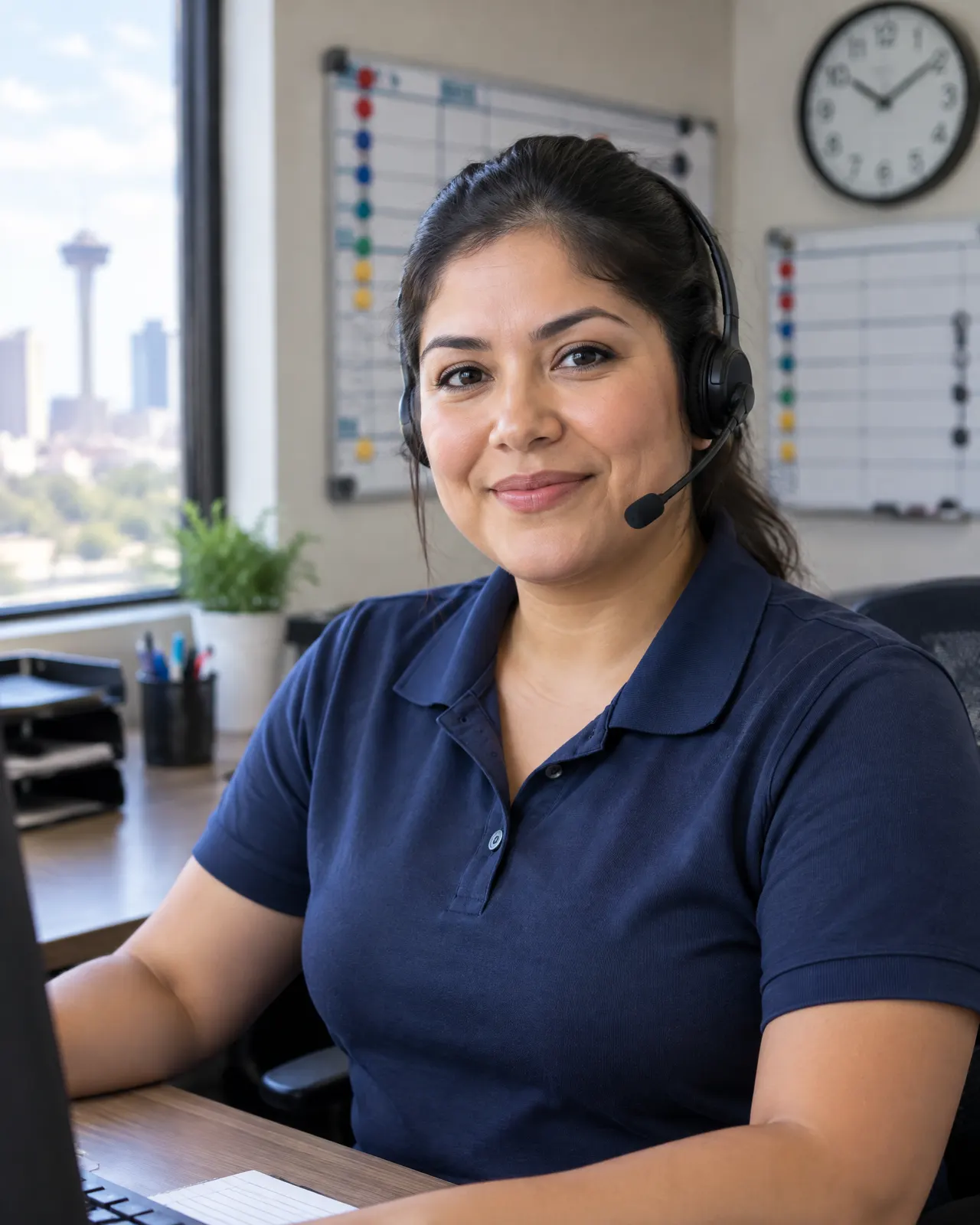 Marisol Treviño, office manager, with a phone headset at her desk in front of the dispatch board