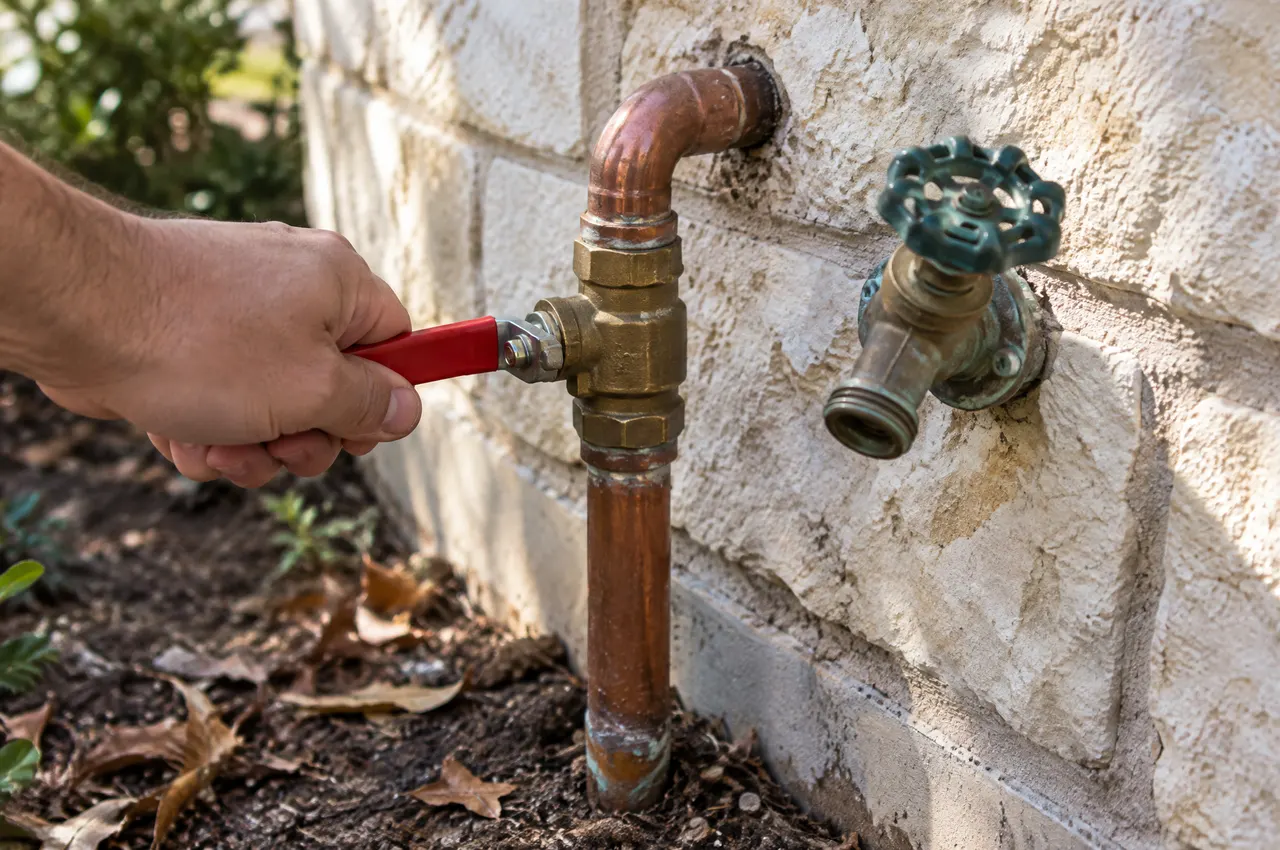 A hand turning the red handle of the main water shut-off valve on a copper pipe at the limestone wall of a house