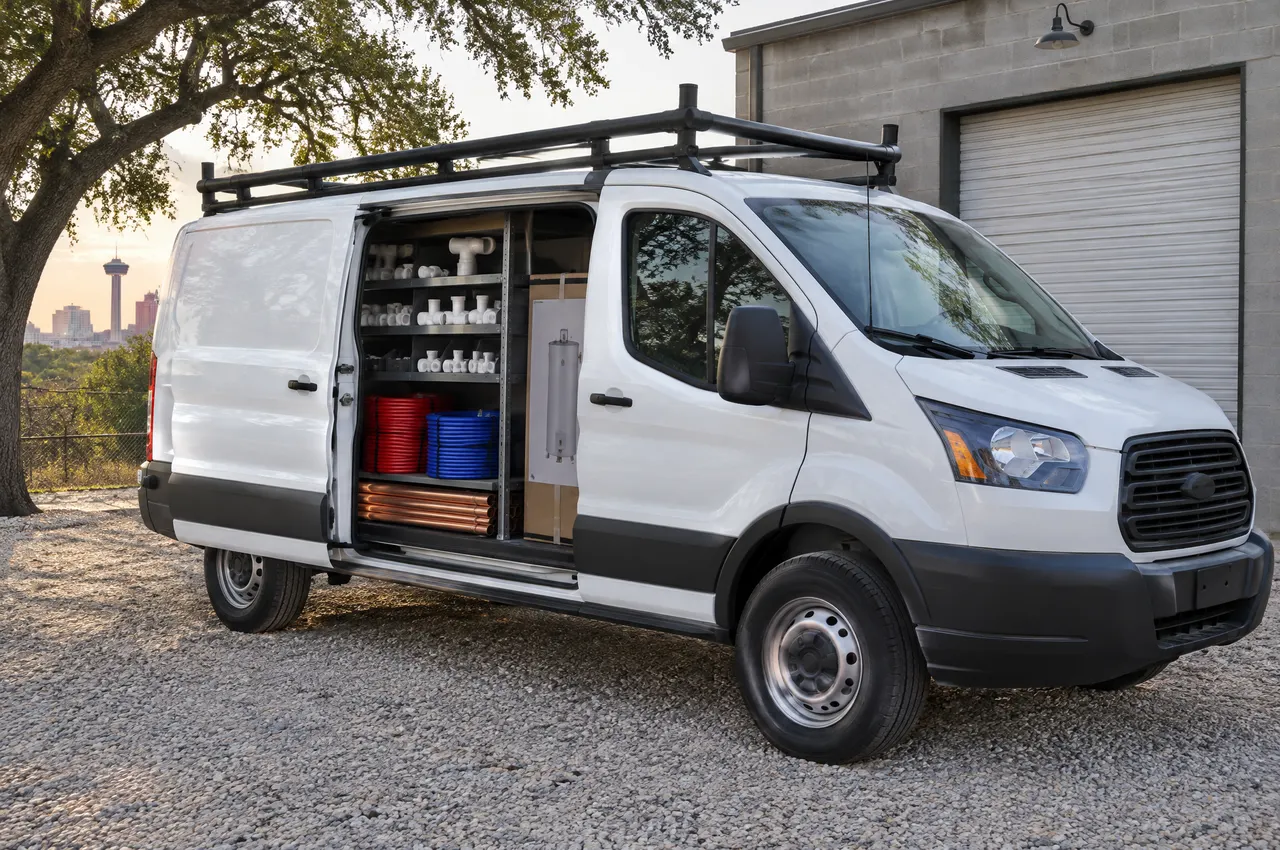 White service van with a pipe rack and its side door open on shelves of fittings, in the company yard