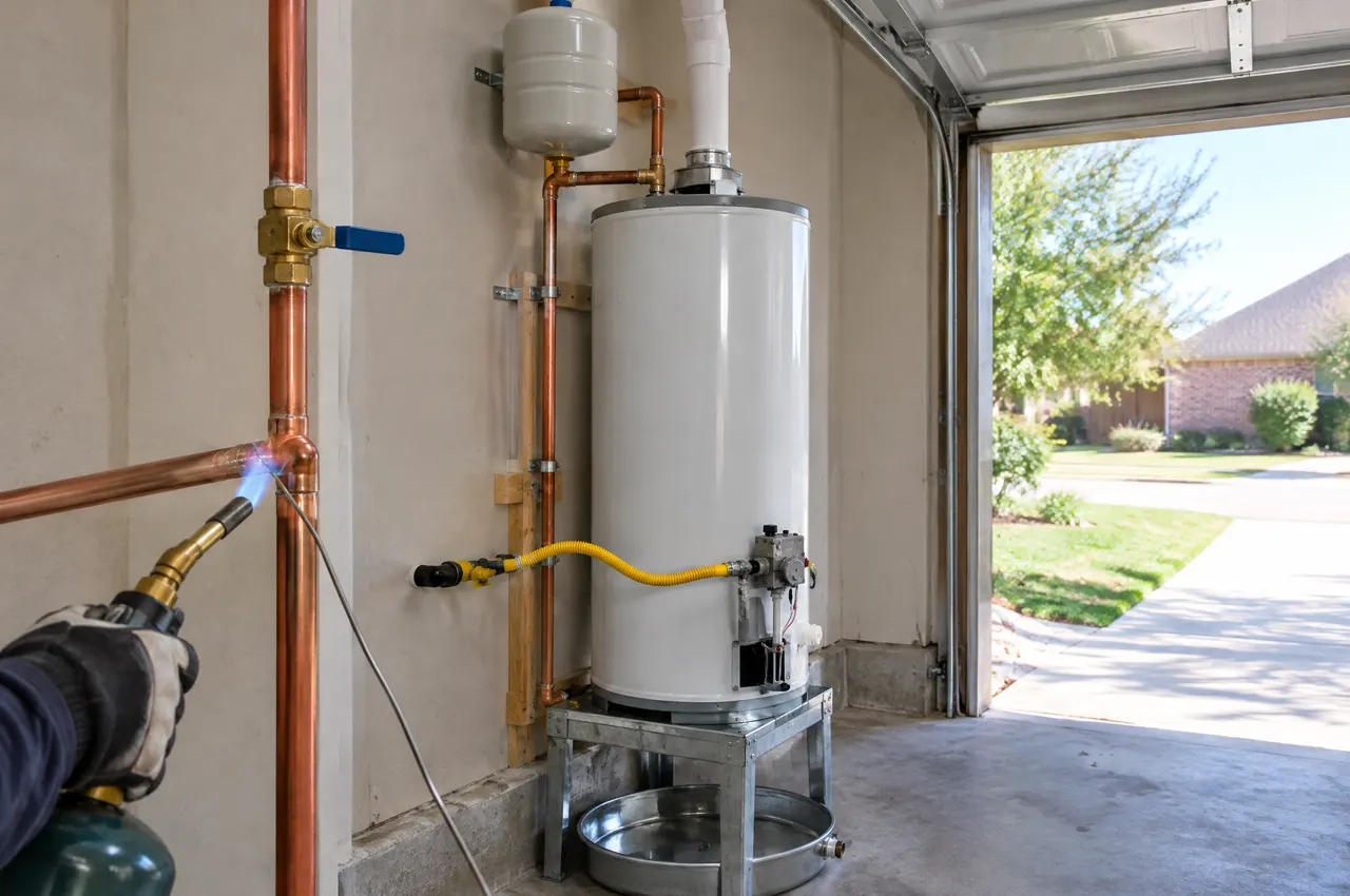 New 50-gallon gas water heater in a garage with an expansion tank, copper lines and a drain pan